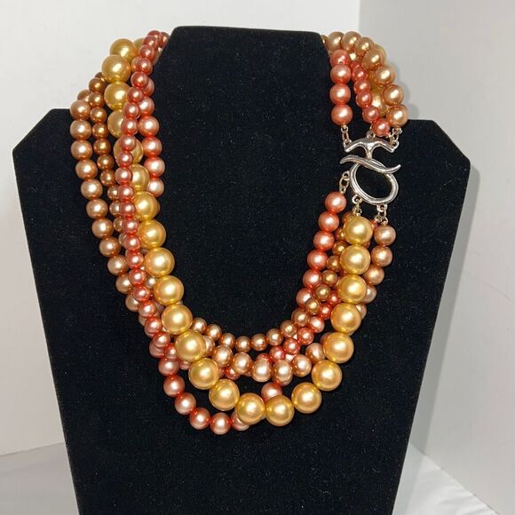 Jewelry - Vintage Beaded 5 Strand Faux Pearl Necklace Pink Peach Gold & Brown Mid-Century